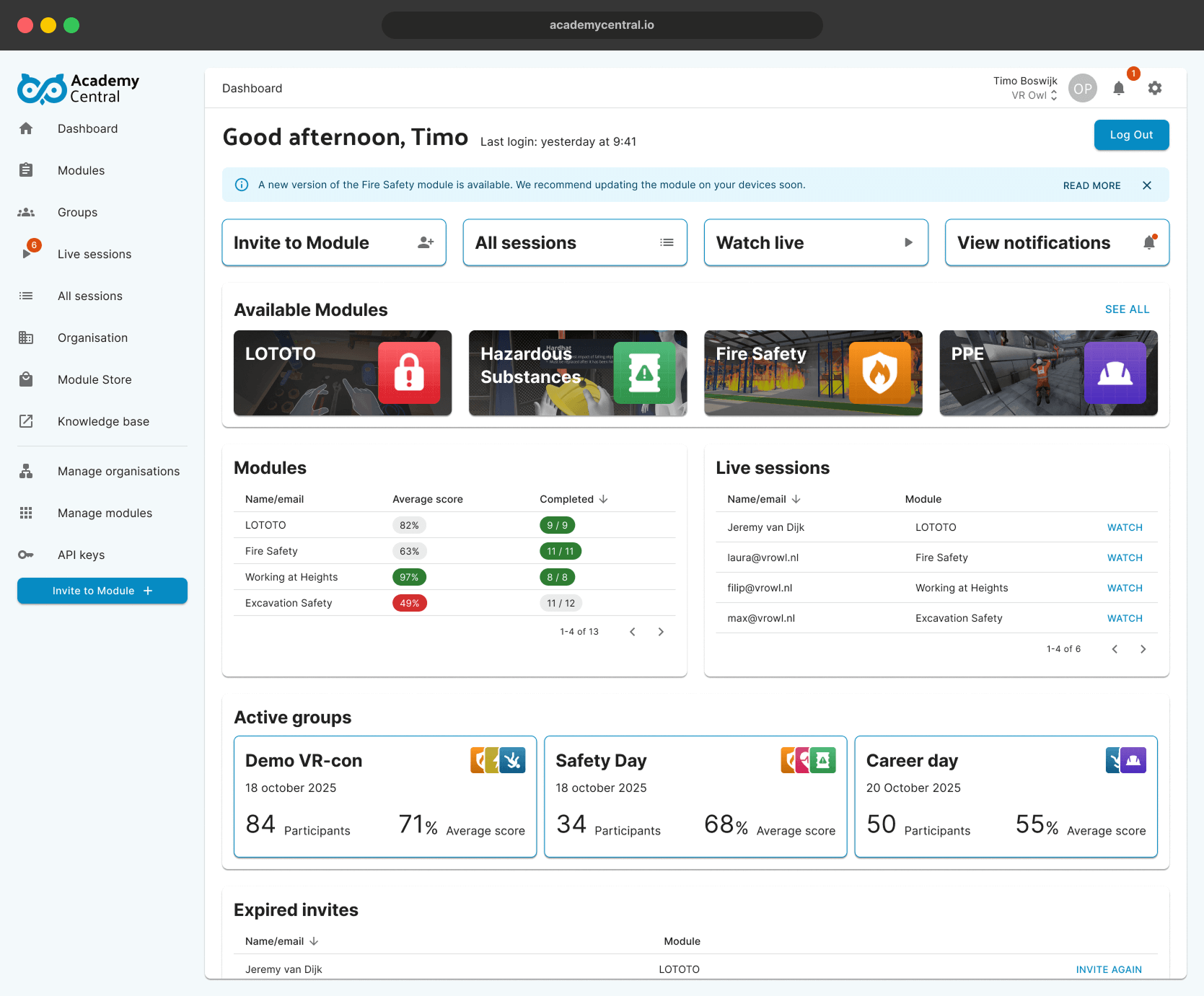 A web-based dashboard for Academy Central showing training modules, live session status, and participant performance metrics.