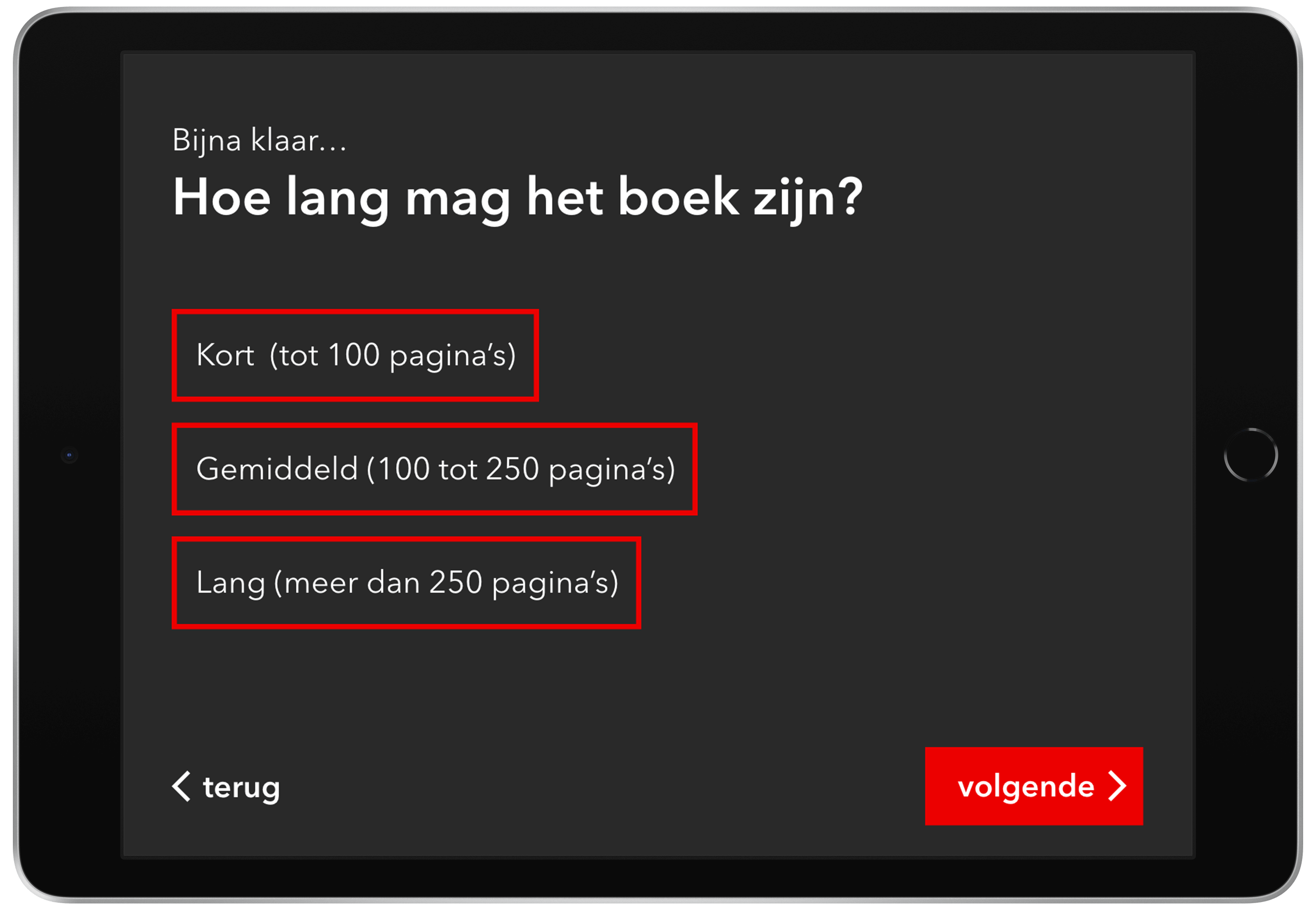 A screenshot of the Boekenzoeker app containing a question with three buttons.