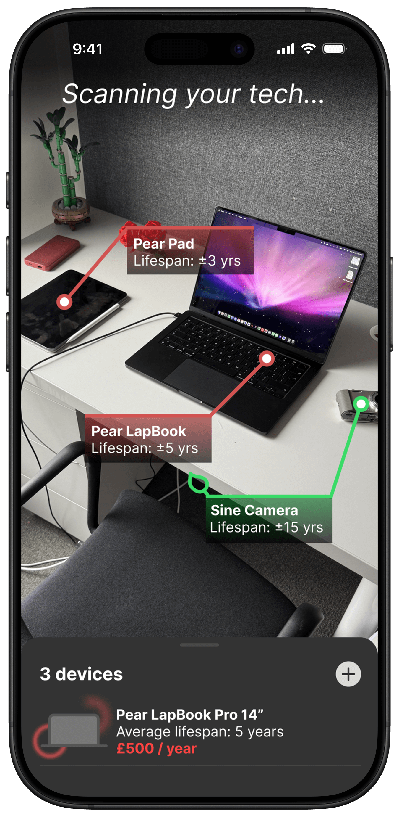A screenshot of the Built to Last app, showing a screen where tech gets scanned with lifespan and price information.