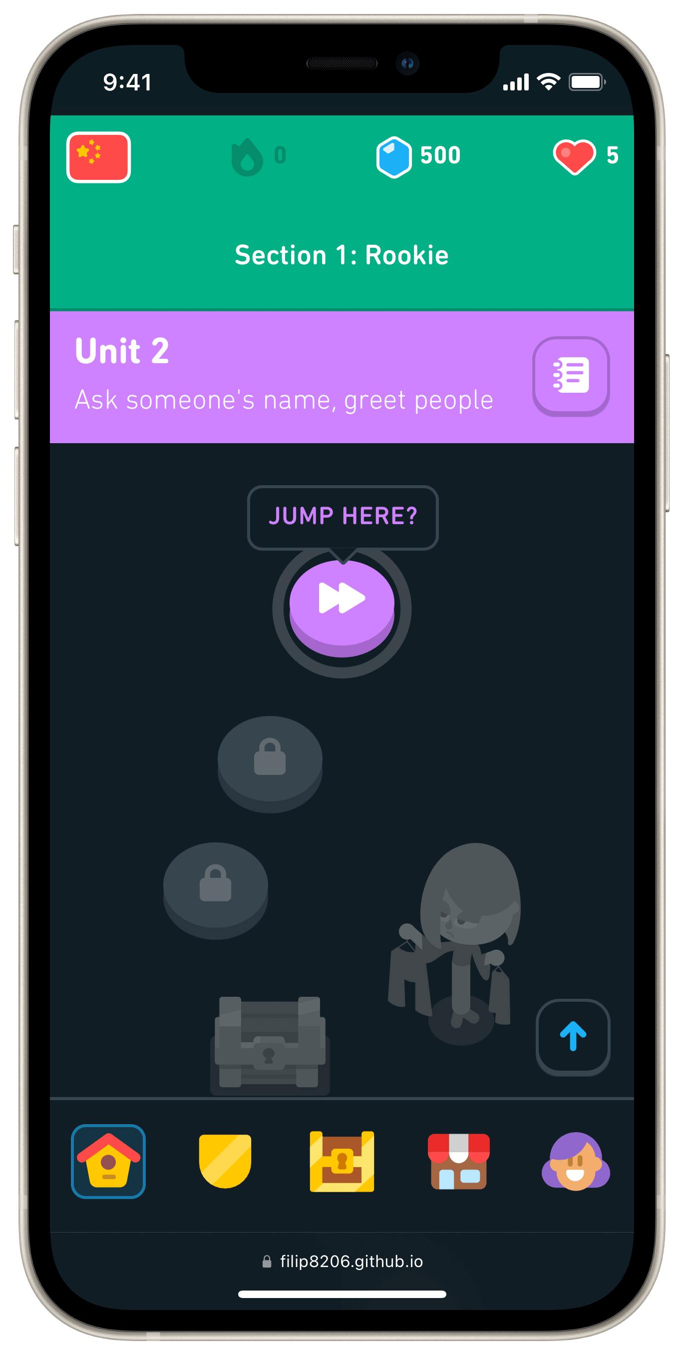 A screenshot of the levels page of Duolingo in dark mode.