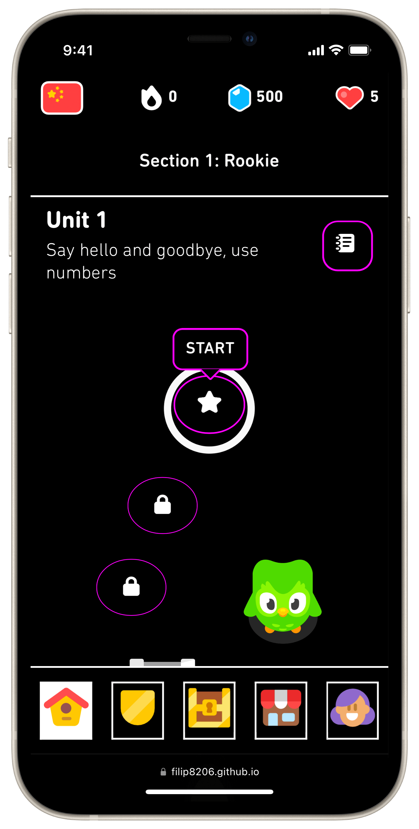 A screenshot of the levels page of Duolingo in a high contrast theme.