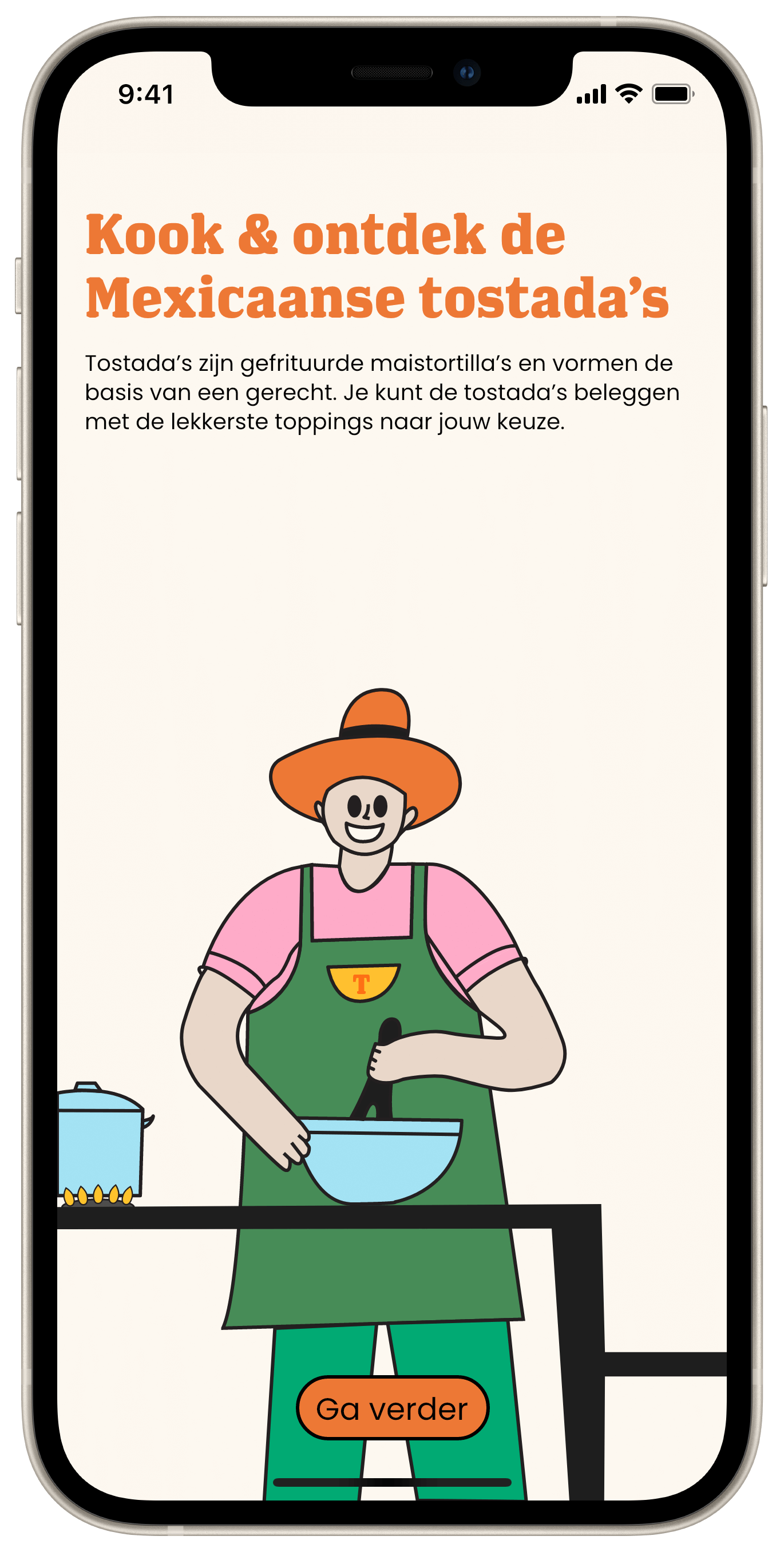 The zero state of the tostada cooking app, showing an illustration of a happy cook.