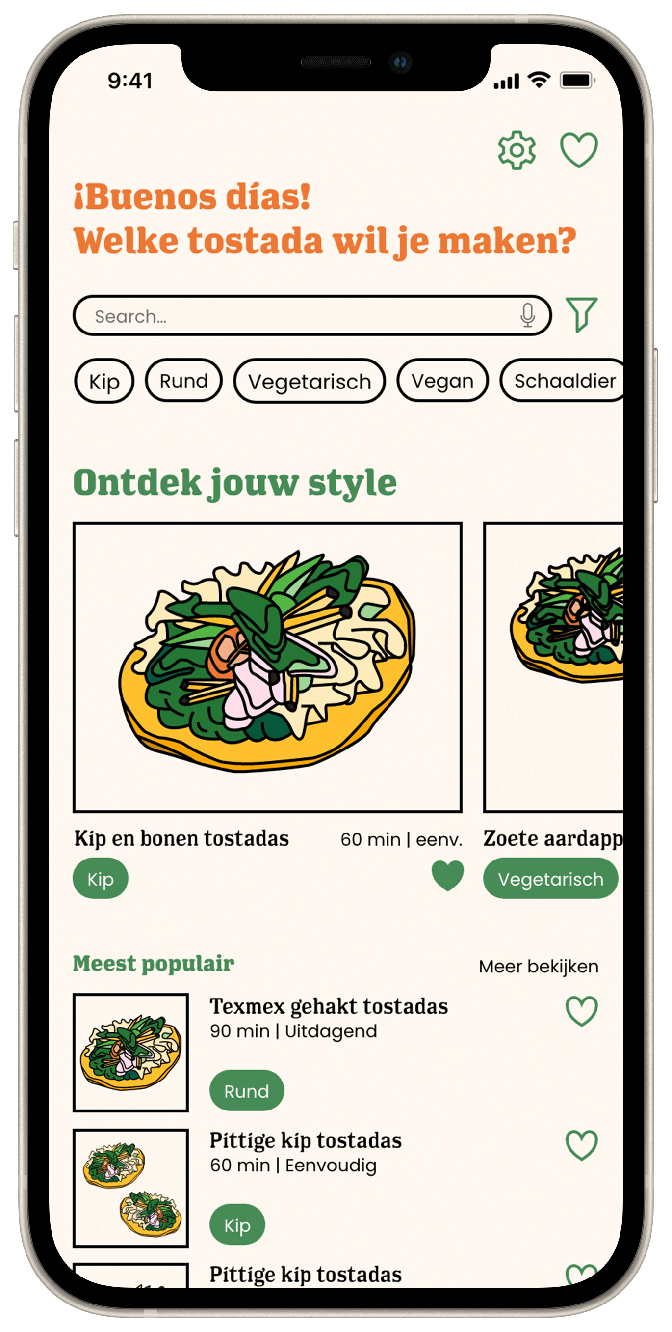 The home screen of the tostada cooking app, showing various recipes for a tostada.
