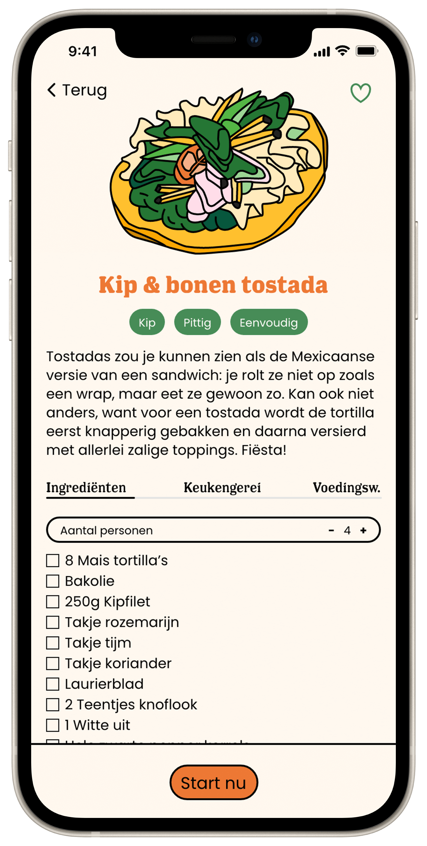 The overview of a tostada recipe, showing the ingredients and a short description.