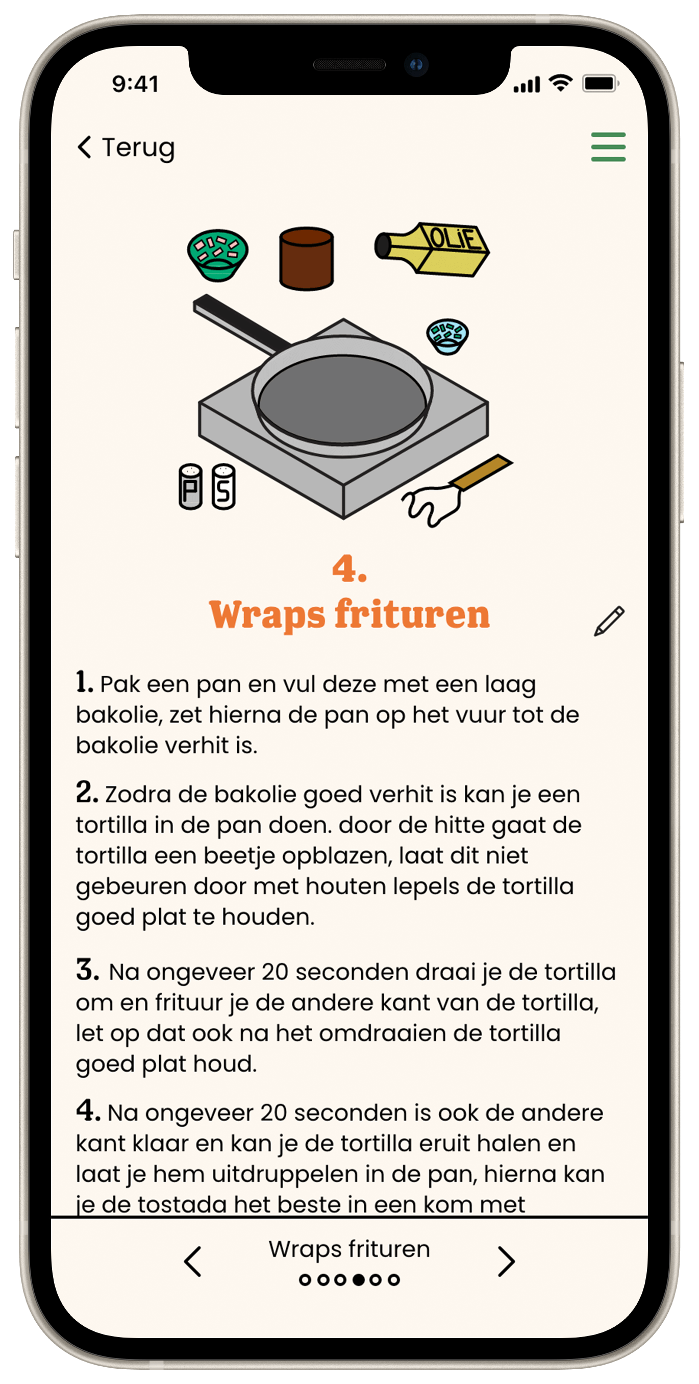 Step four of the tostada recipe, showing instructions on how to fry a wrap.