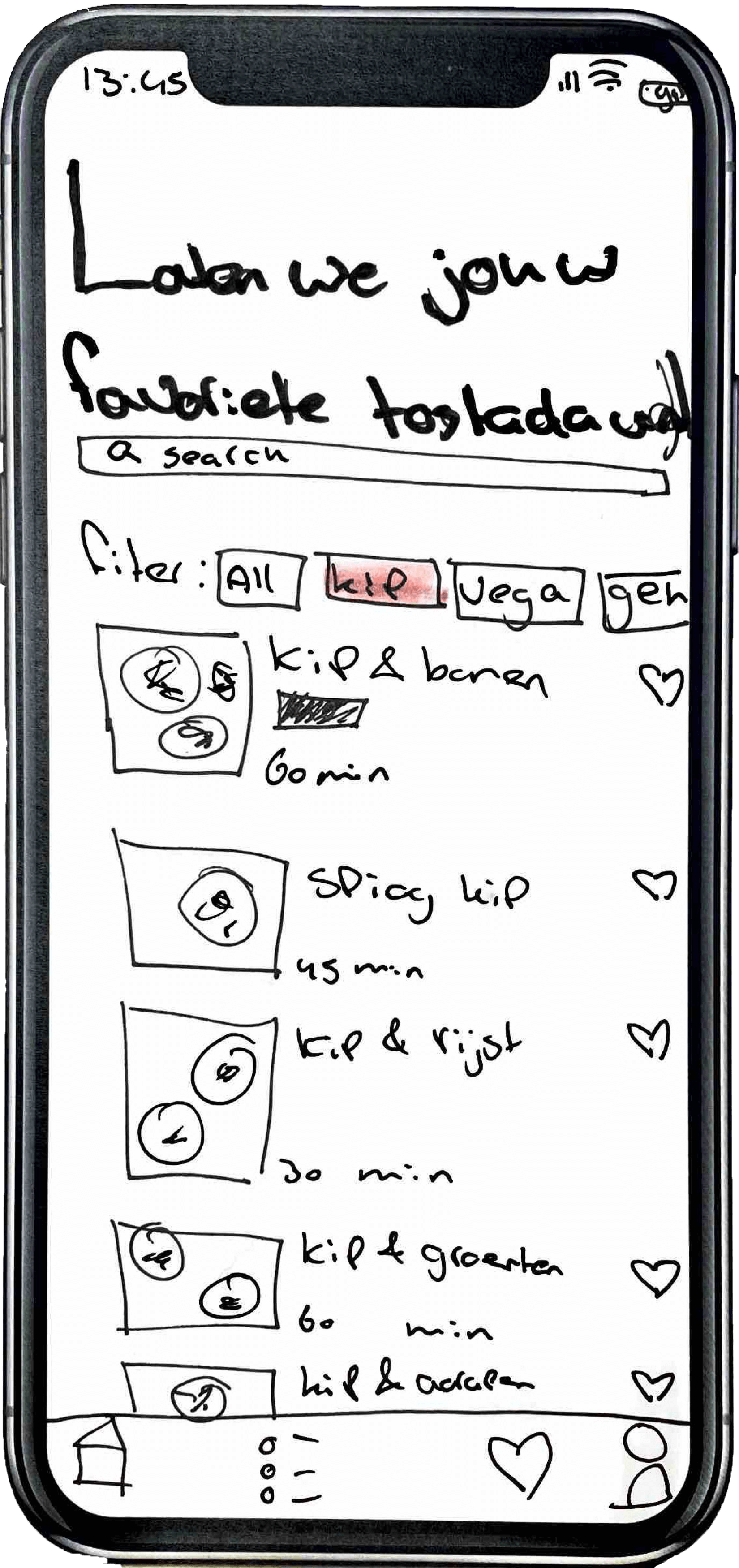 A lofi drawn prototype of the home screen of the tostada app, showing various recipes.