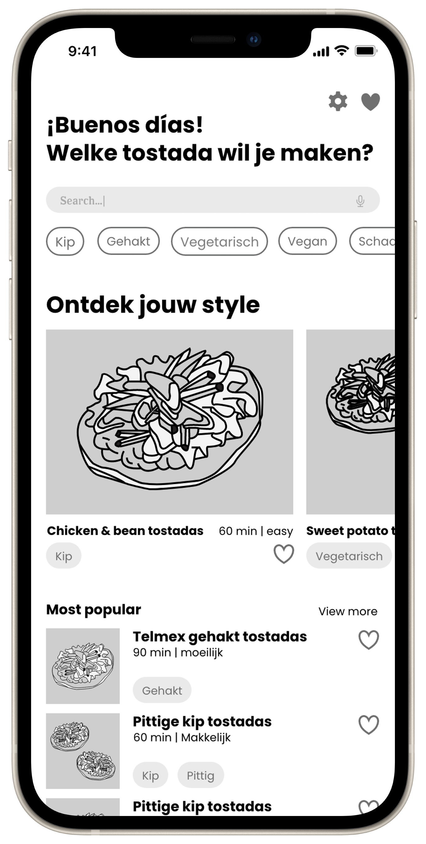 A mefi digital prototype of the home screen of the tostada app without an applied design style, showing various recipes.